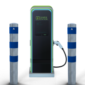 Impact protection bollards | as e-charging post protection |  152 mm | hot-dip galvanized and white powder-coated with 3 blue reflective strips foil type RA1/A | for casting in concrete